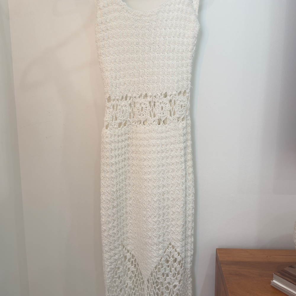 Hand Crafted White V-Neck Crochet Dress